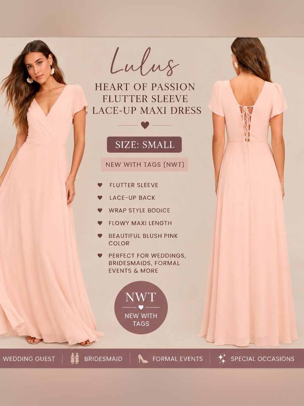 Lulus Heart of Passion Maxi Dress Small NWT Blush Pink Flutter Sleeve Lace-Up